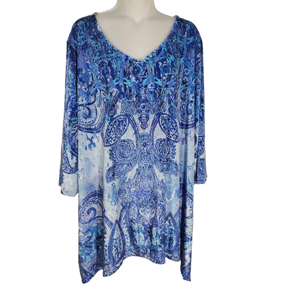 Catherines Tunic Top Womens Size 3X Blue Velour Floral Paisley V-Neck Sharkbite - Picture 1 of 9